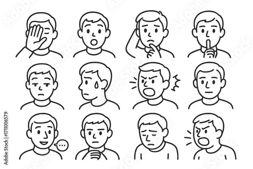 Suspect Reaction Icons. Line style icons of suspect reactions: denial gesture, shocked expression, hesitant response, silent