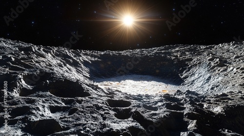 Ceres in the asteroid belt, dusty rocky surface with Occator crater and central bright salt spot clearly visible. 