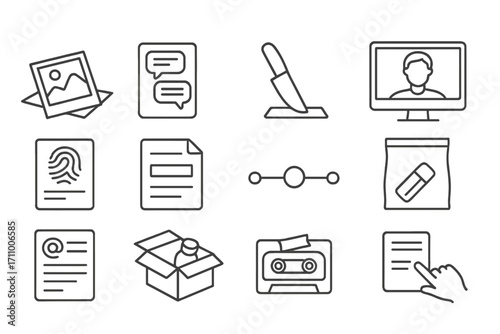 Evidence Presentation Icons. Line style icons of evidence presentation: photo on table, printout of messages, object placed in