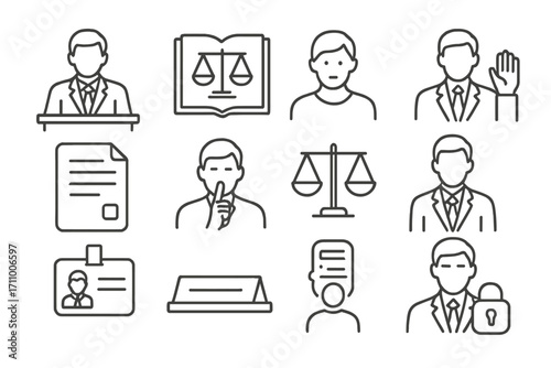 Legal Icons Overview. Line style icons of legal presence: defense attorney seated, legal book icon, calm observer, person in suit;