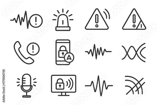 Wiretap Alert Icons. Line style icons of wiretap signals and alerts: waveform with exclamation mark, blinking light icon, warning