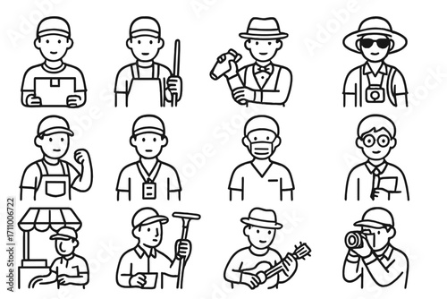 Undercover Role Icons. Line style icons of undercover roles: delivery person disguise, janitor uniform, bartender agent, fake