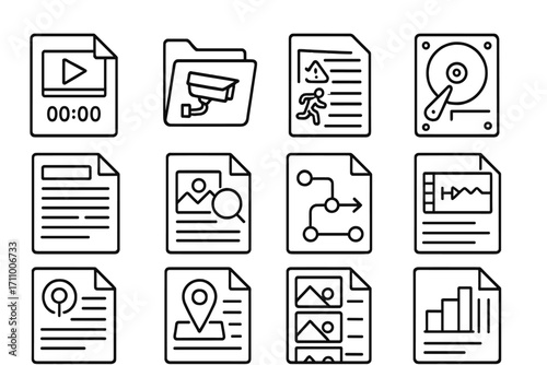 Surveillance Icons Collection. Line style icons of surveillance-related files and logs: timestamped video file, camera folder icon