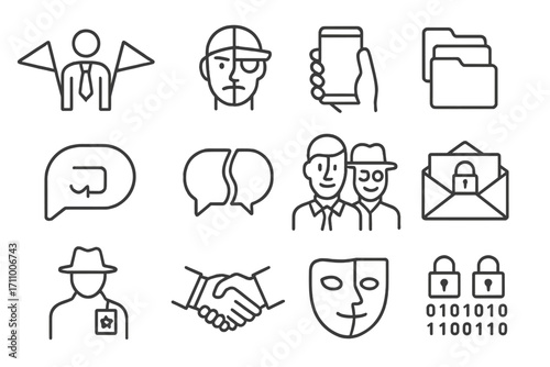 Double Agent Icons. Line style icons of double agent scenes: person between two flags, split loyalty face, secret second phone,