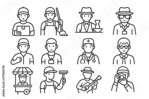 Undercover Role Icons. Line style icons of undercover roles: delivery person disguise, janitor uniform, bartender agent, fake