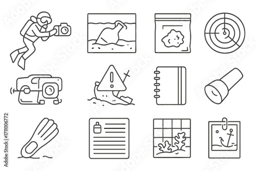 Underwater Exploration Icons. Line style icons of underwater investigation: scuba diver with camera, sunken object sketch, sample