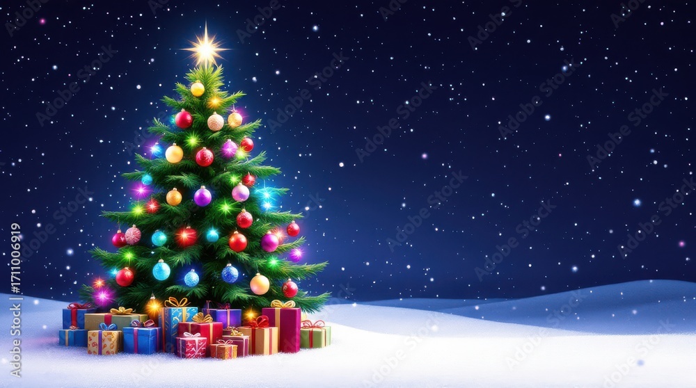 Obraz premium Brightly decorated Christmas tree with colorful ornaments and gifts in the snow on a starry winter night