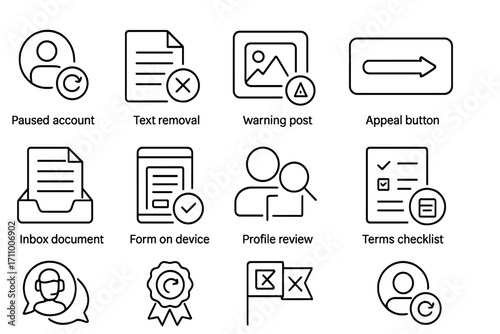Digital Platform Appeals Icons. Line style icons of digital platform appeals: suspended account icon with retry, content removal