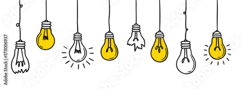 Doodle light bulb lamp icon set. outline yellow light bulb with wire are hanging hand drawn set. different glass incandescent lamps. cartoon light bulbs hanging.