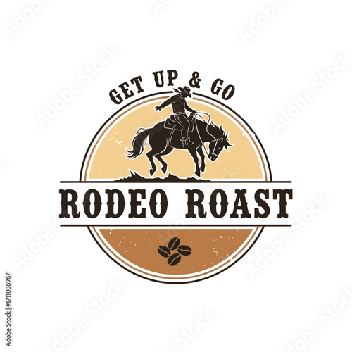A cowboy riding a bucking horse, surrounded by coffee beans, a vintage-style graphic design.