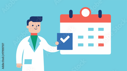 FollowUp Schedule The doctor handing over a personalized followup schedule printed on paper with a calendar icon and checkmarks representing important future appointments.