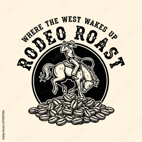 A cowboy riding a bucking horse, surrounded by coffee beans, a vintage-style graphic design.