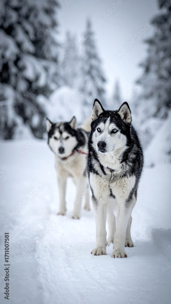 Naklejka premium Two Huskies in snowy forest