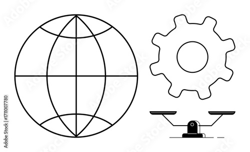 Globe symbolizes global connection, gear represents industrial innovation, scale conveys balance. Ideal for technology, industry, globalization, justice, teamwork fairness equality themes. Simple