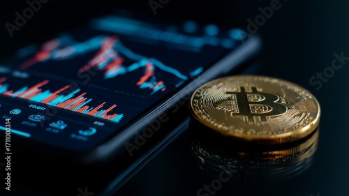 Cryptocurrency trading concept featuring a smartphone displaying market data alongside a shiny gold Bitcoin coin, illustrating modern financial technology and investment opportunities
