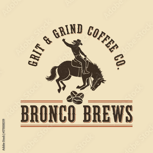 A cowboy riding a bucking horse, surrounded by coffee beans, a vintage-style graphic design.