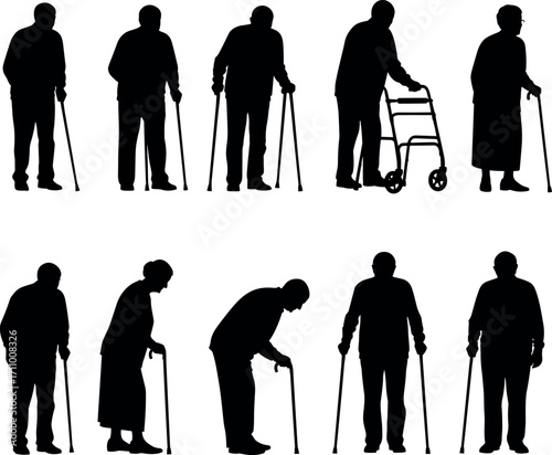 Elderly People Silhouettes Using Walking Aids, Cane and Walker Mobility Support, Senior Citizens with Assistive Devices for Healthcare and Aging Concepts