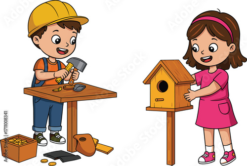 Children building birdhouse, kids doing DIY woodcraft, woodworking project for kids, happy childhood activity, educational fun, teamwork and creativity