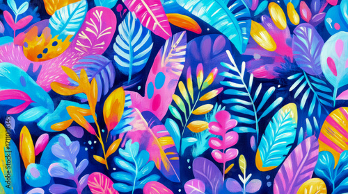 Vibrant abstract botanical pattern with dense array of stylized tropical leaves and plants in glowing neon pink, blue, purple, yellow, and orange hues on rich dark blue background