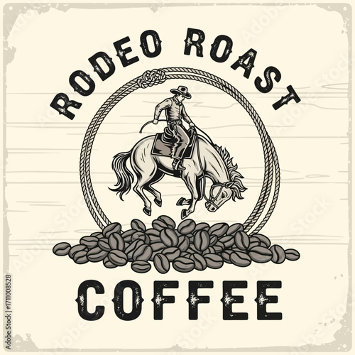 A cowboy riding a bucking horse, surrounded by coffee beans, a vintage-style graphic design.