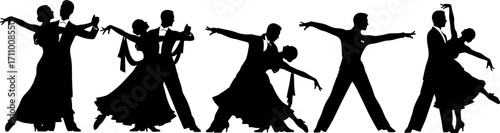 Silhouette ballroom dancers performing elegant poses, synchronized couples in motion, graceful dance movements, romantic choreography, professional dance vector illustration