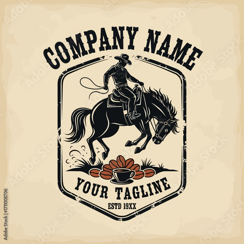 A cowboy riding a bucking horse, surrounded by coffee beans, a vintage-style graphic design.