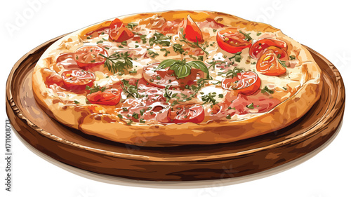 Rustic Wood Plate with Delicious Pizza on White Background