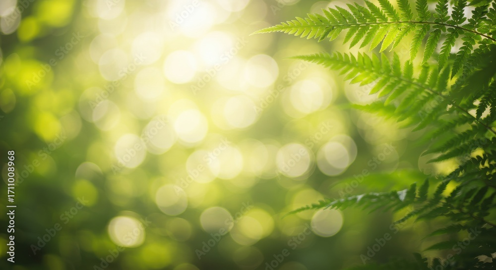 Obraz premium Sunlight filters through lush green fern leaves, creating a soft, dappled bokeh effect in a serene forest setting