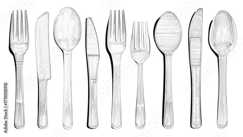 Modern Vector Line Drawing of Plastic Utensils Outline for Professional Designs
