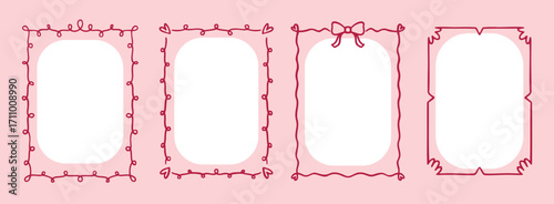  wedding quirky trendy frame or text box card, hand drawn pink borders or wavy borders. cute romantic frames line art