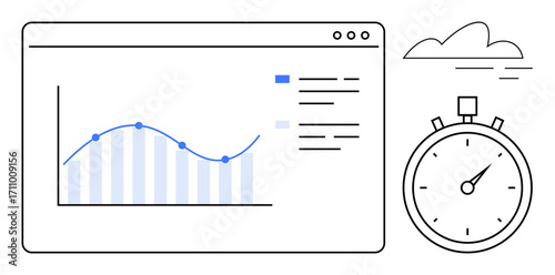 Graph trends on a web interface, stopwatch symbolizing time management, and a simple cloud. Ideal for tracking, performance review, analytics, productivity, planning, time efficiency simple flat