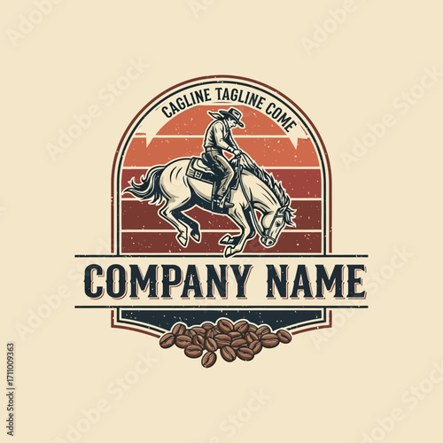 A cowboy riding a bucking horse, surrounded by coffee beans, a vintage-style graphic design.