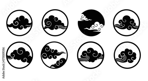 Vector collection of traditional Asian cloud symbols. Set of eight black and white circular icons with oriental swirl patterns, isolated on a white background