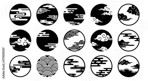 Set of traditional Asian style cloud, smoke, and wave patterns in black and white circular graphic vector icons
