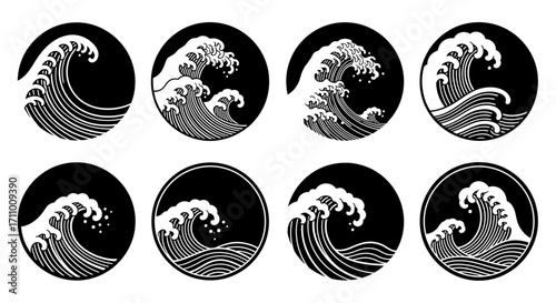 Collection of dynamic storm sea waves in a traditional oriental art style. Monochrome round graphic symbols of nature's power
