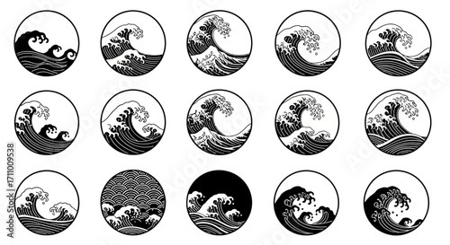 A diverse collection of circular icons featuring Japanese-style ocean waves. This vector set showcases various traditional sea illustrations in black and white, perfect for graphic design