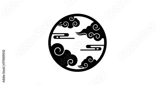 Monochrome circular design with traditional Asian style clouds, an elegant black and white vector illustration of celestial weather patterns isolated on a white background