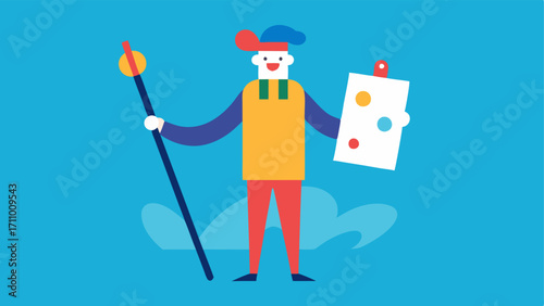 Artist with a Canes A joyful artist holding a paintbrush in one hand and a paint palette in the other with a white cane leaning against their easel. The canvas shows a vibrant