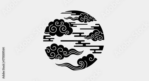 Elegant vector graphic of traditional Chinese storm clouds arranged in a circular shape. Minimalist monochrome oriental weather pattern design