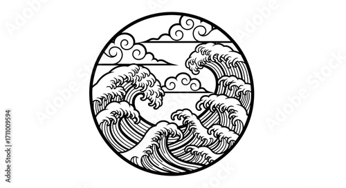 Stylized oriental ocean waves whisking within a circular frame, a black and white line art vector of a powerful sea storm