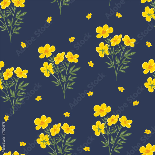 Flowers vector seamless pattern with colorful wildflowers and meadow plants. Hand-drawn botanical illustration, perfect for fabric textile design and backgrounds.