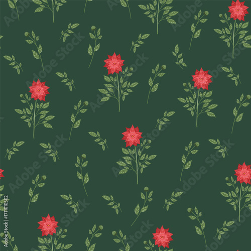 Flowers vector seamless pattern with dahlia. Hand-drawn botanical illustration, perfect for fabric textile design and backgrounds.