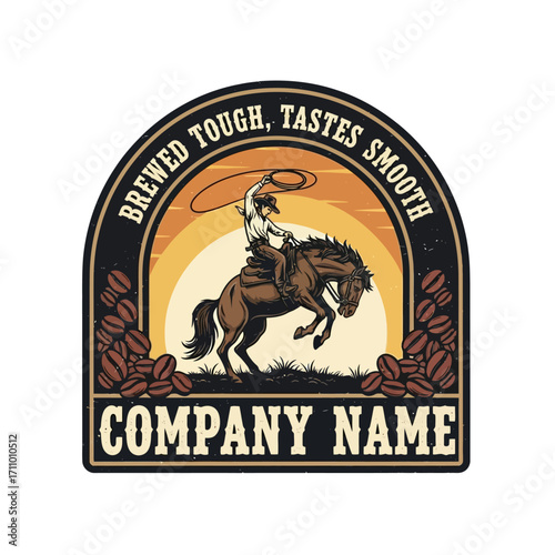 A cowboy riding a bucking horse, surrounded by coffee beans, a vintage-style graphic design.