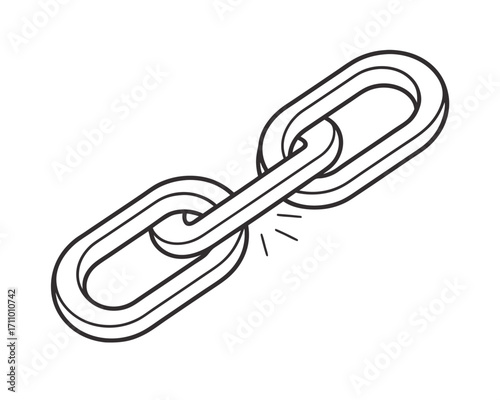 Broken chain link vector illustration representing vulnerability weakness and disconnection on a white background simple line art drawing concept