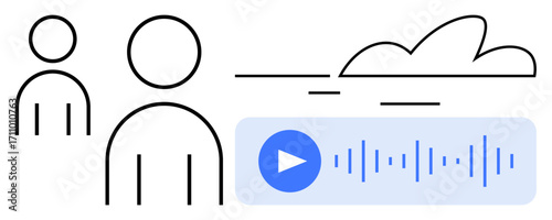 Outline of two figures, cloud, and waveform with play button. Ideal for digital interaction, podcasting, media, networking, remote work, collaboration podcast playback simple flat metaphor