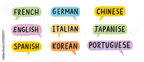 English, Chinese, German Learn new language. French, Italian, Spanish lettering doodle hand drawn text. Japanese, Portuguese, Korean speech bubble set.