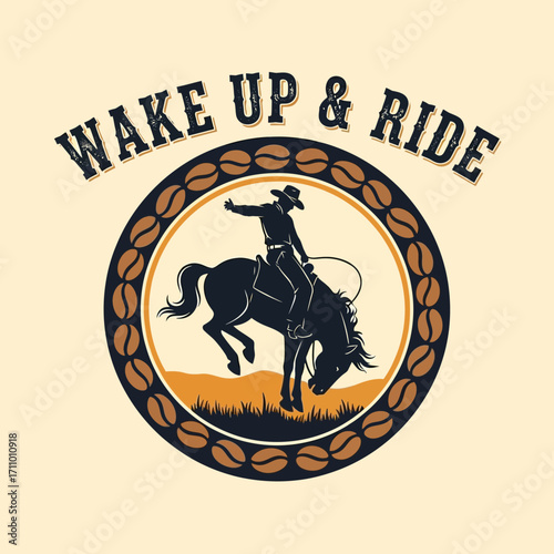 A cowboy riding a bucking horse, surrounded by coffee beans, a vintage-style graphic design.