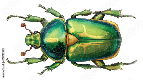 Vibrant Scarab Beetle Watercolor Vector Illustration with Shiny Green Insect Detail