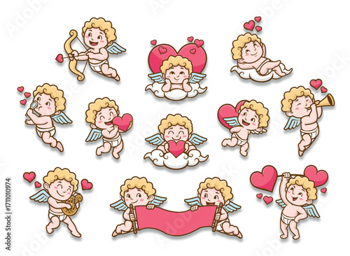 Vector set of cute colorful cupids stickers with hearts. Small angels with wings bow heart hunters fly in the sky. Sticker collection of various angels or cupids printable template a4