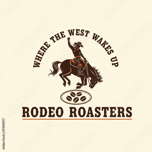 A cowboy riding a bucking horse, surrounded by coffee beans, a vintage-style graphic design.